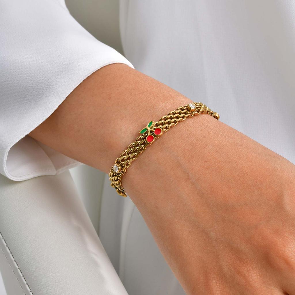 Cute Cherry White Zircon Bracelet for Women,18K Gold Plated Mesh Strap Chain Bracelets,Fashion Daily Jewelry Gifts