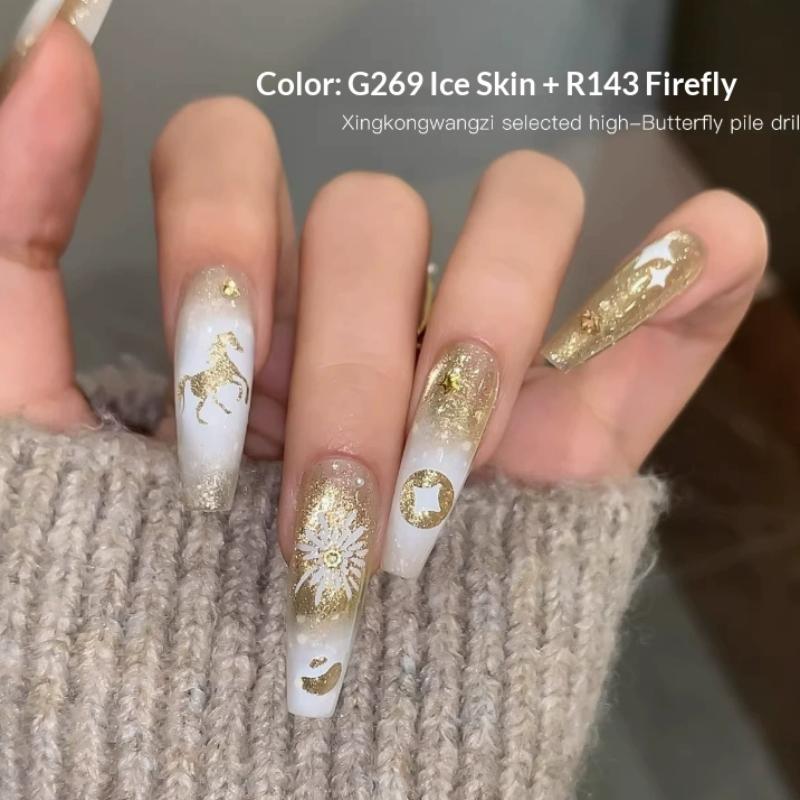 New Year Horse Fireworks Pattern Hollow Out Nail Art Stickers Colorful Nail Charm Template Stamp Manicure Decals Decoration