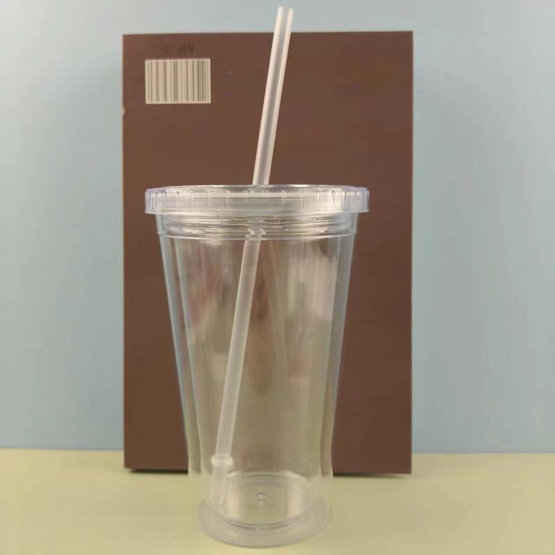 1PC 450ml Plastic Straw Cup Double Layer Transparent Drinking Cup Reusable Cold Cup Plastic Straw Tumbler with Straw and Lid