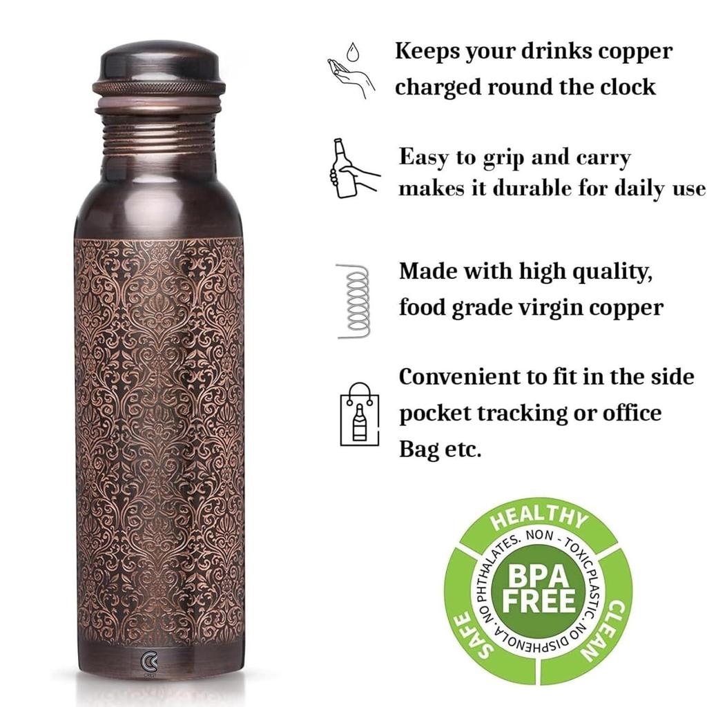 Copper Water Bottle 1 Litre | Water Bottle for Office | Water Bottle for Kids | 100% Pure Copper Insulation Wide Mouth with Ergonomic Design