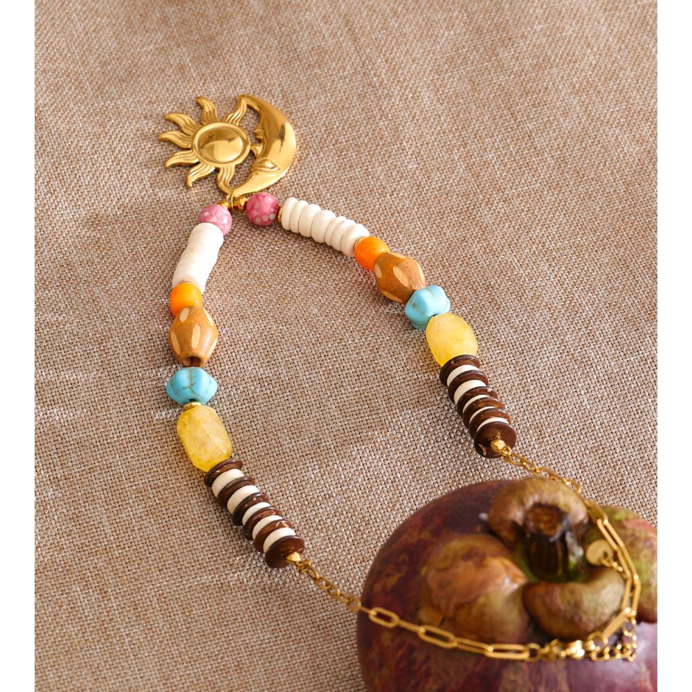 Eetit New Arrival Handmade Jewelry Natural Stone Resin Wood Beads Sun Moon Drop Necklace Stainless Steel Accessories Waterproof