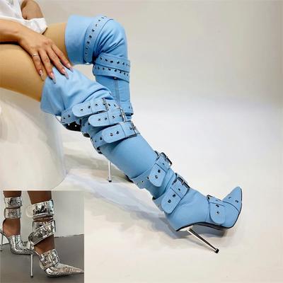 Mode Neue Damen Denim Metallnieten Schnalle Sandalen Damen Sexy Punk Stil Spitz Aushöhlen Metall 11cm Hoher Absatz Kniehohe Stiefel Größe34-43
