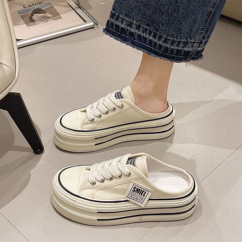 Baotou half slippers for women to wear a new versatile heel-less pedal thick-soled canvas cool slippers 2025