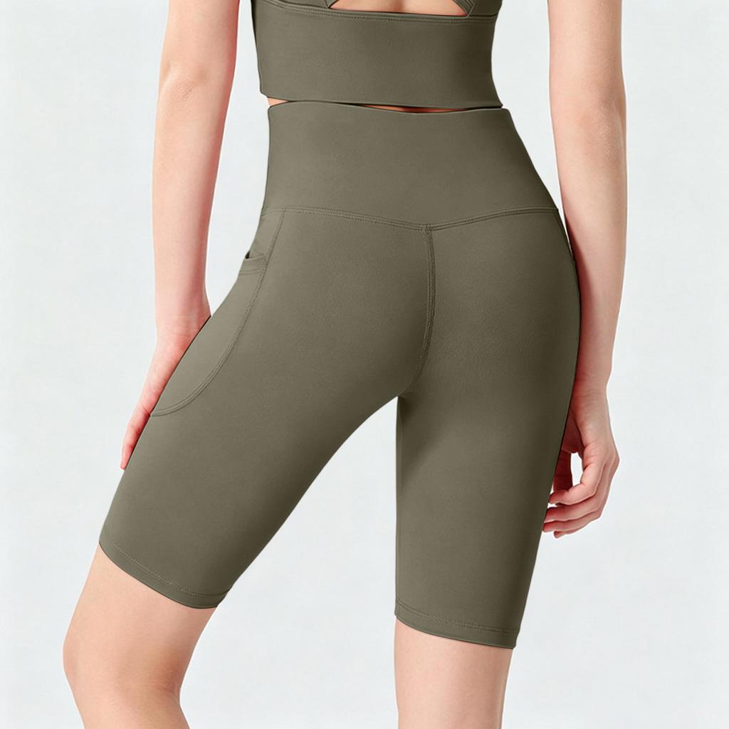 High Waist Running Shorts for Women Quick Dry Sports Biker Shorts with Hidden Pockets Compression Fit Five Inch Inseam Gym Yoga Tights