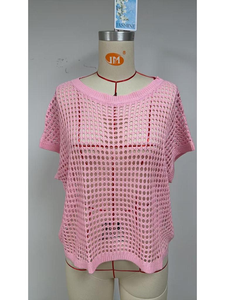 2025 Summer Women's Five-Sleeve Sexy Cutout Knit Beach Cover-Up Sweater