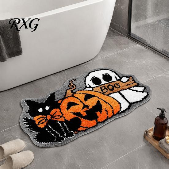 Absorbent Floor Mat for Home Halloween Bath Mat, Non-Slip Fluffy Ghost Rug, Gothic Pumpkin Water-absorbent Entryway Rug Bathroom Washable Area