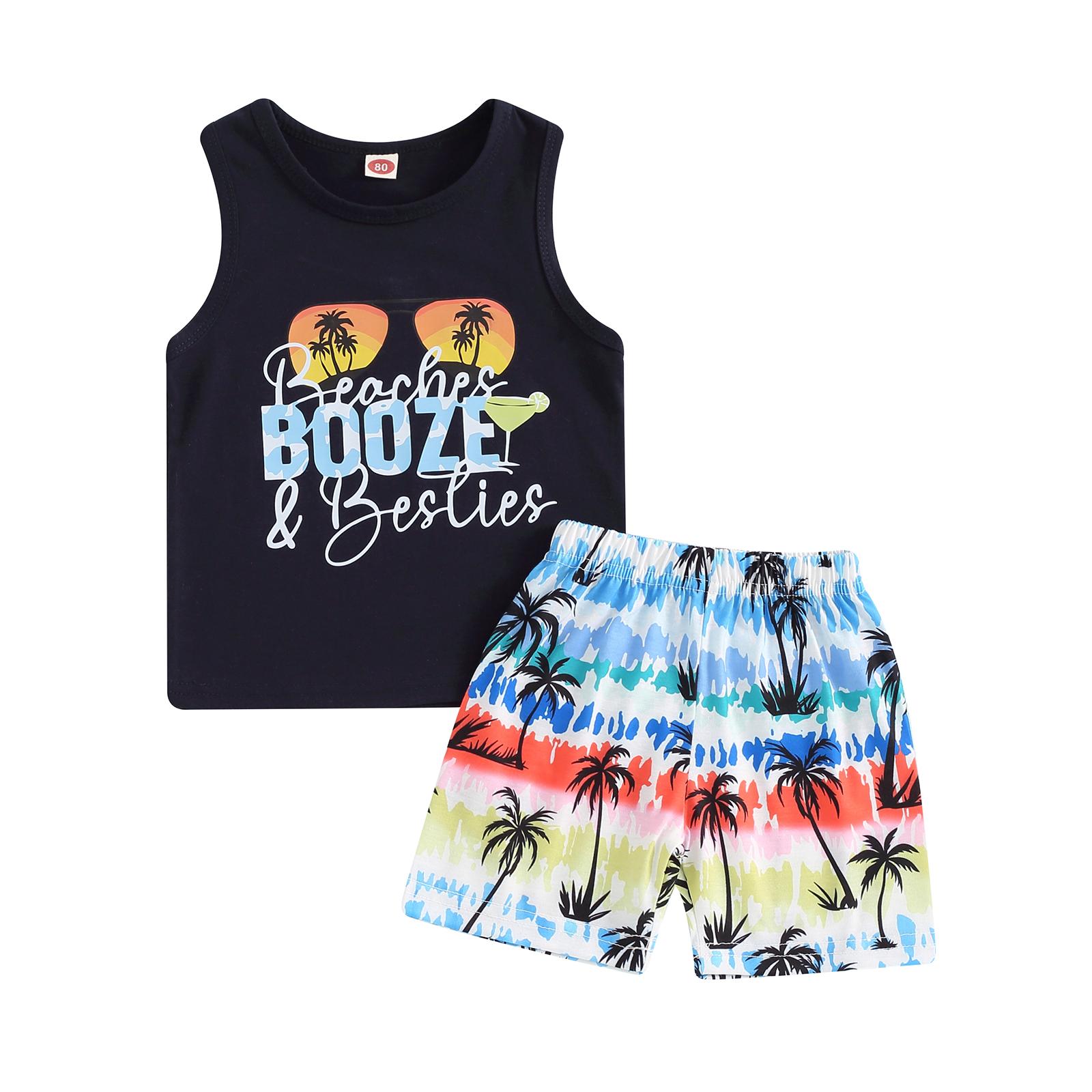 

Комплект одежды из 2 предметов для маленьких мальчиков 6, 12, 18, 24 месяцев, 3, 4 года, топы без рукавов с буквенным принтом и эластичные пляжные шорты, комплект летней одежды 12-18 Months жёлтый