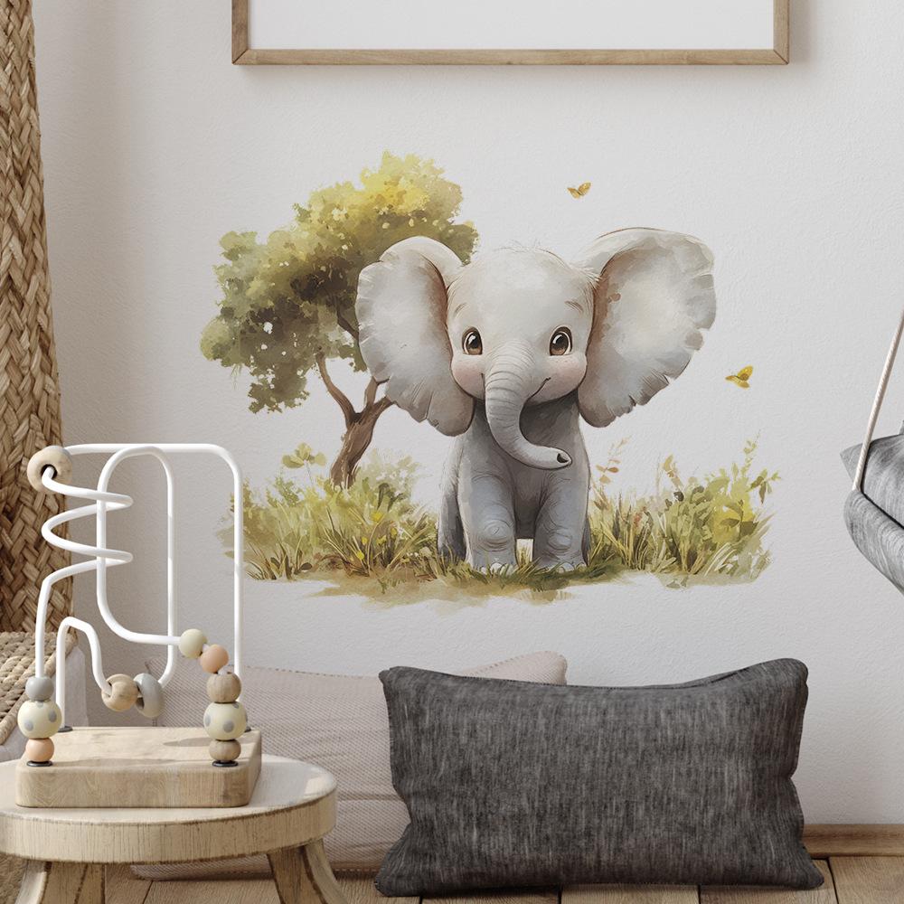 Cartoon Elephant Trees Wall Sticker Self-Adhesive Removable Kids Room Bedroom Hallway Dorm Home Decor