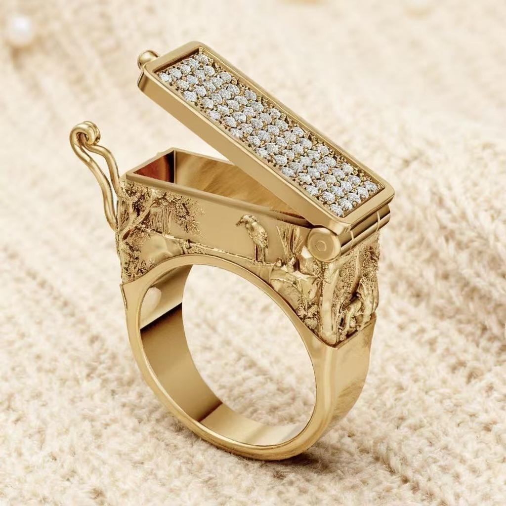 Vintage Style Men's Ring with Ornate Carved Flip Top Design and Embedded Decorative Stones Adjustable Band for Daily Wear