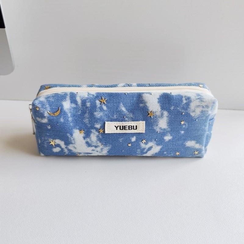 Water Washable Denim Sequin Pencil Pouch With Large Capacity For Students And Office Use
