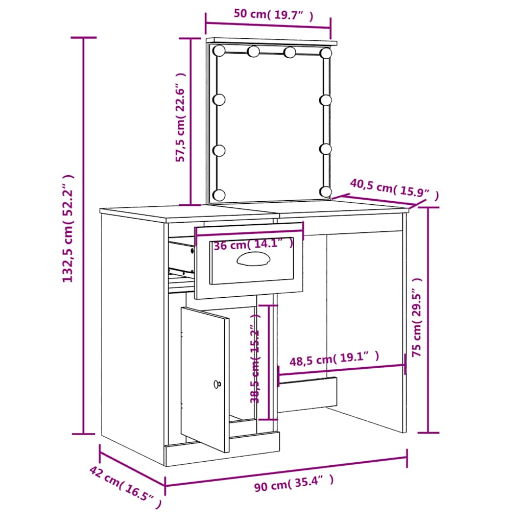 Makeup Table with LED Lights White 90 X 42 X 132.5 Cm