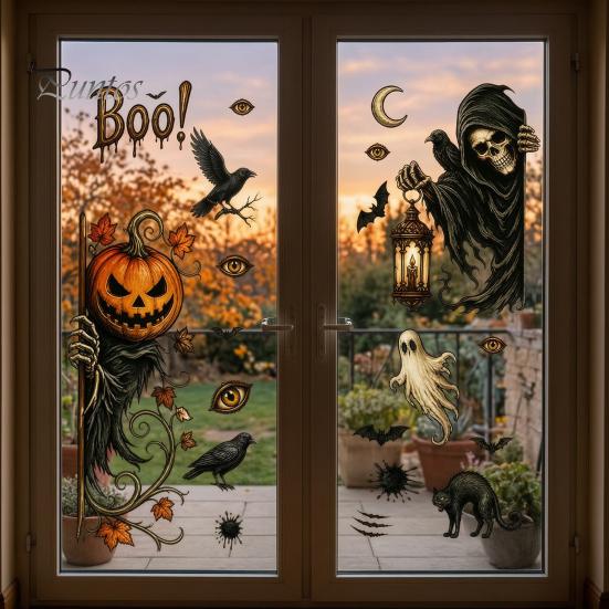 Waterproof PVC Wall Decals 6Pcs Halloween Window Stickers, Ghost Pumpkin Grim Reaper Decals, Removable Static Clings Self-Adhesive Glass Door
