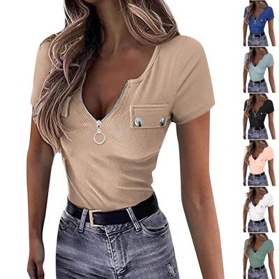 Women's Fashion Solid Color Zipper V-Neck Chest Pocket Button Short-Sleeved Shirt Blouse