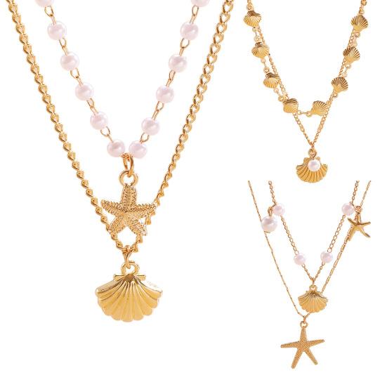 Double Layer Shell Pendant Necklace Lightweight Hypoallergenic Women Faux Pearl Starfish Charm Layered Chain Necklace Ocean Beach Neck Jewelry