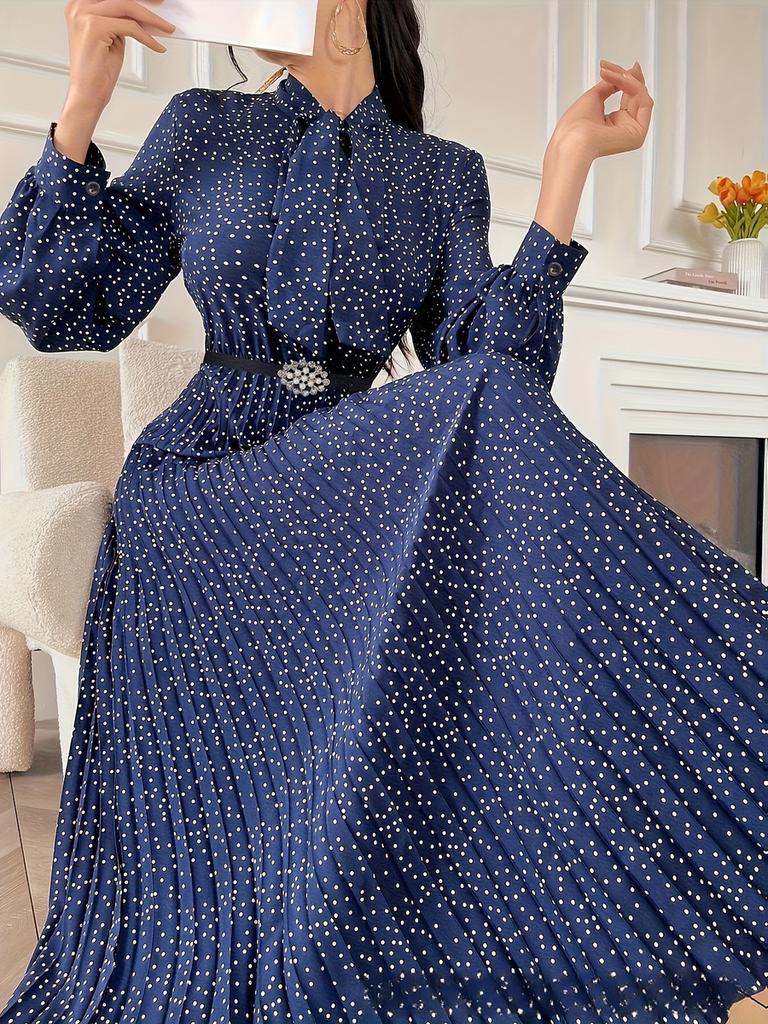 Women's Long Sleeve Polka Dot Pleated Dress, New Arrivals