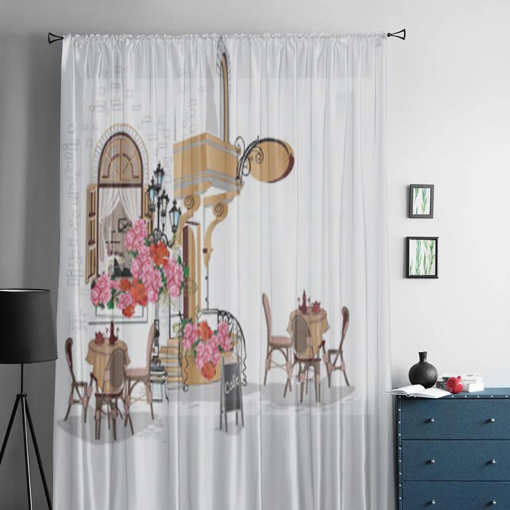 Old Town View And Street Cafe Tulle Curtain For Living Room Sheer Valance Curtain For Kitchen Bedroom Window Drapes