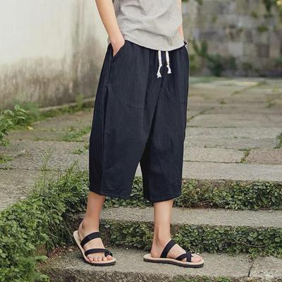 Summer Men's Loose Fit Cotton-Linen Wide-Leg Harem Shorts