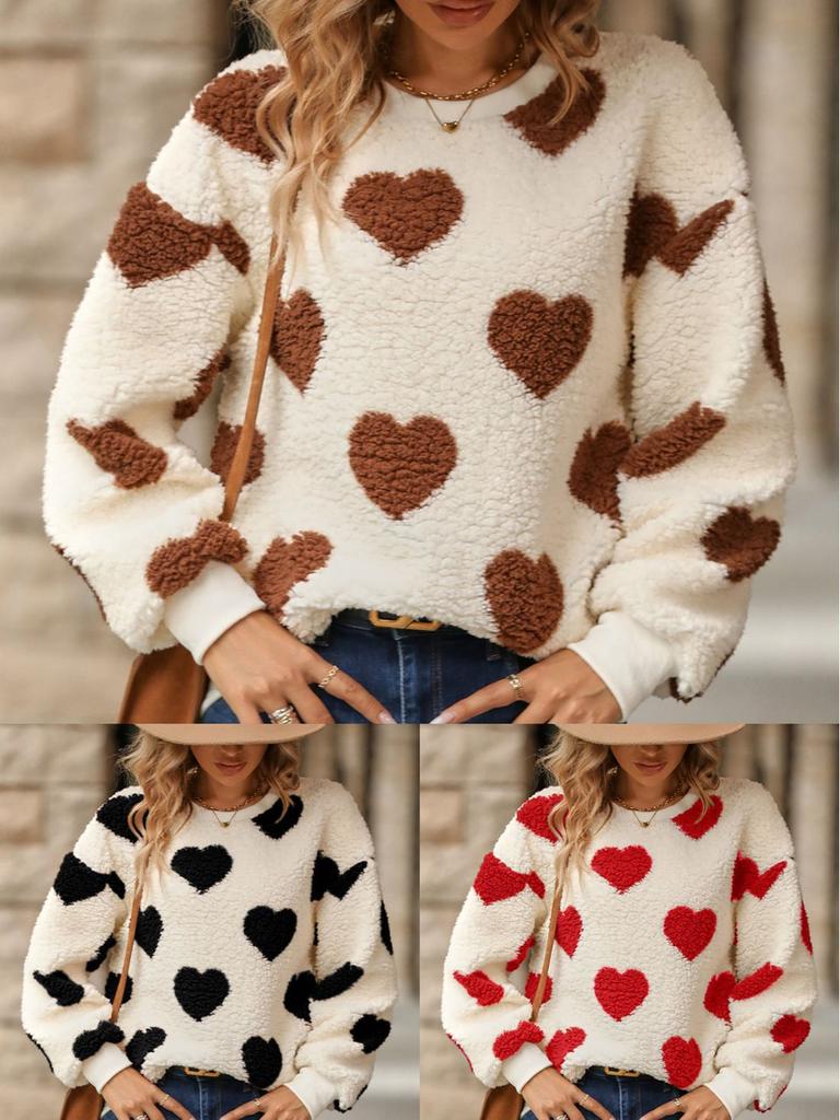 Faux Fur Heart Print Loose Long Sleeve Crew Neck Sweatshirt for Women