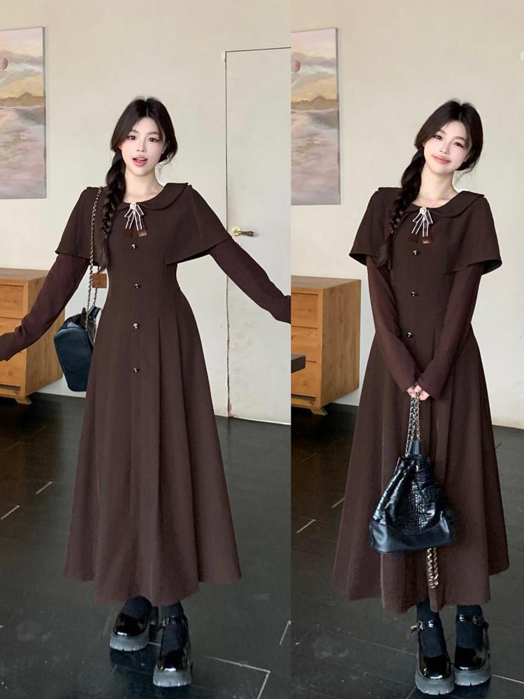

Korean Retro Cloak Shawl Dress for Women - Spring/Autumn, Plus Size, College Style, High-End Slimming Long Skirt XL