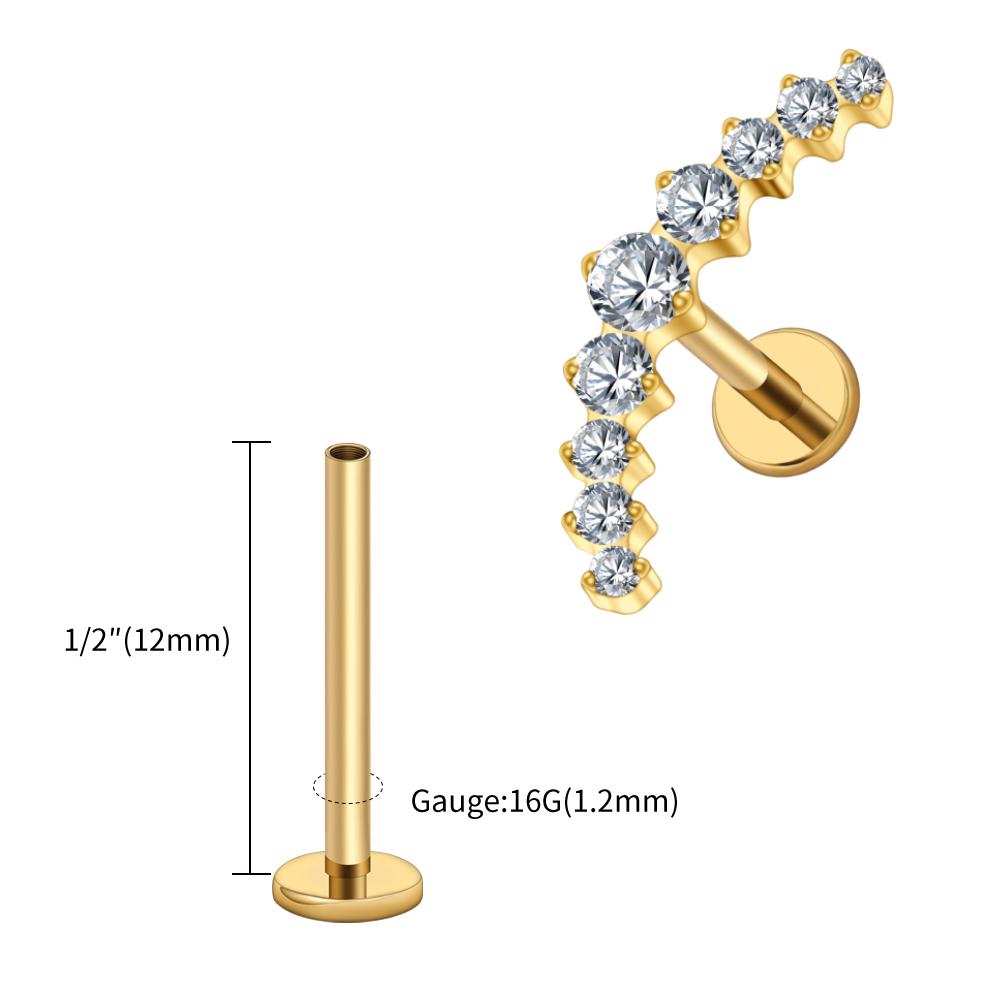 Right Grand ASTM F136 Titanium Arc CZ Cluster Labret Curved Bar Flat Back Stud Earring Helix Cartilage Conch Piercing Jewelry