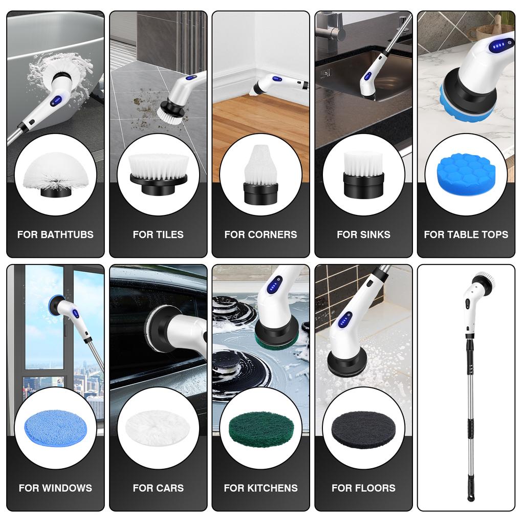VickyHome Electric Spin Scrubber, Cordless Shower Scrubber with 9 Replaceable Brush Heads and Adjustable Extension Handle