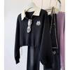 Women's Black Retro Polo Collar Half-Zip Sweatshirt - Petite, Long Sleeve, Spring/Autumn Lazy Style Top