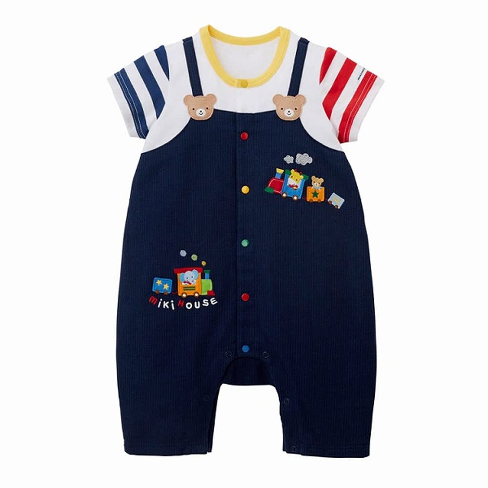Shortall Short Made in Baby Navy [Miki House] Romper, Sleeve, 3/4 Length, Striped, Bear, Japan, Boys, Baby, Kids, Clothes, Infant, Children's Clothes,