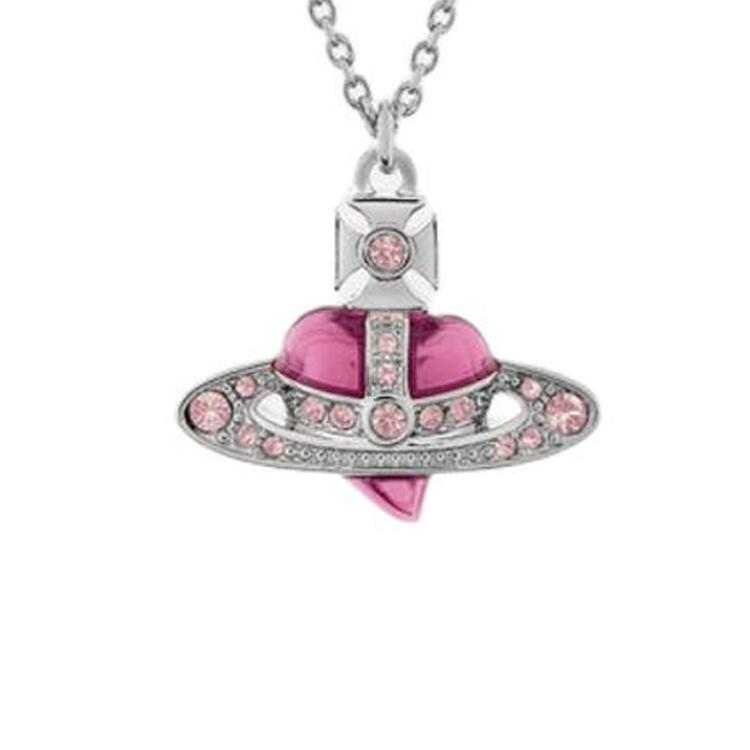VIVIENNE WESTWOOD Diamante Brass Saturn Irregular Heart Shaped Necklace Women Necklace Silver Vintage-Pink 8053195230808