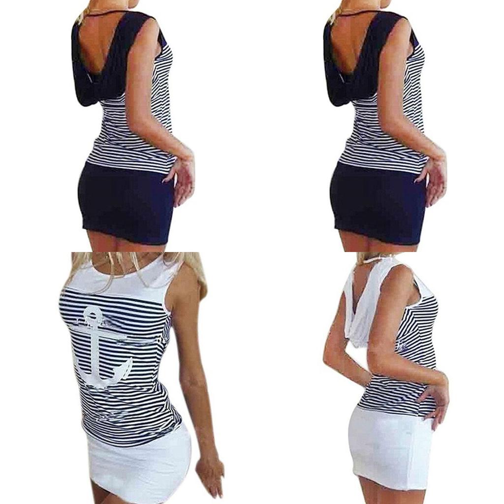 Vest Anchor Stripe Dress Sleeveless Tops Oneck Hooded Sexy Bodycon Mini Dresses