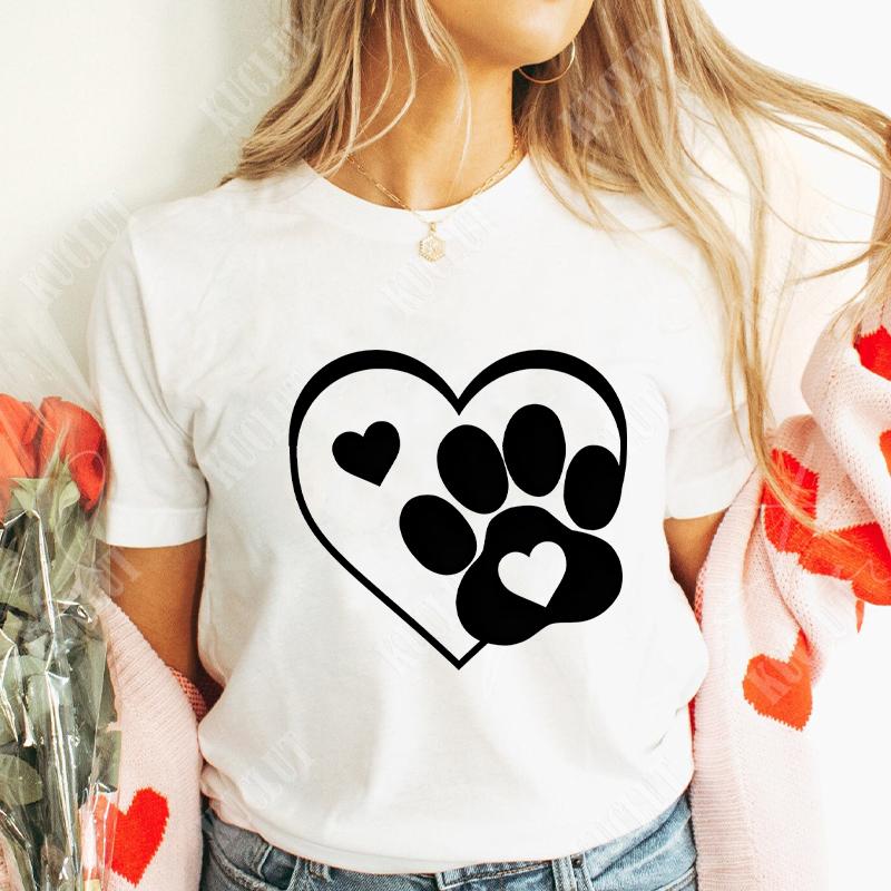 Funny Heart  Dog Paw Print Women Tshirts Fashion Summer Ladies Tshirts Short Sleeves Clothes Love Heart Fashion Casual Shirts