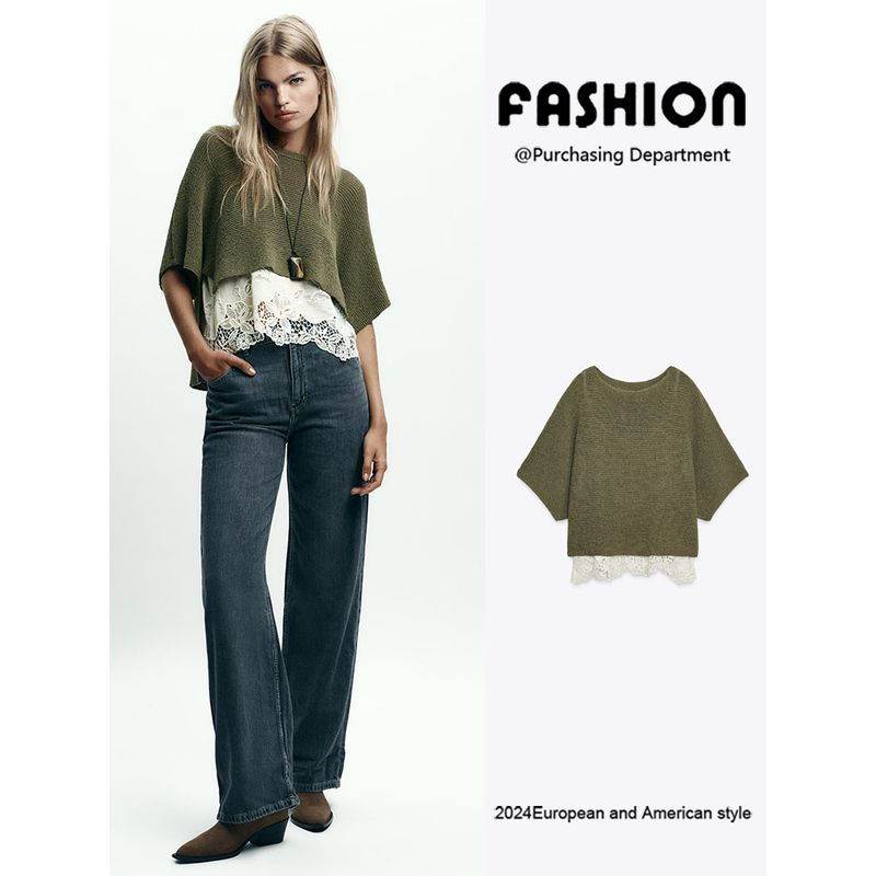 Za2025 Autumn New Women clothes Versatile Short sleeve Patchwork off-Neck Short sleeve Knitwear 2756134 505