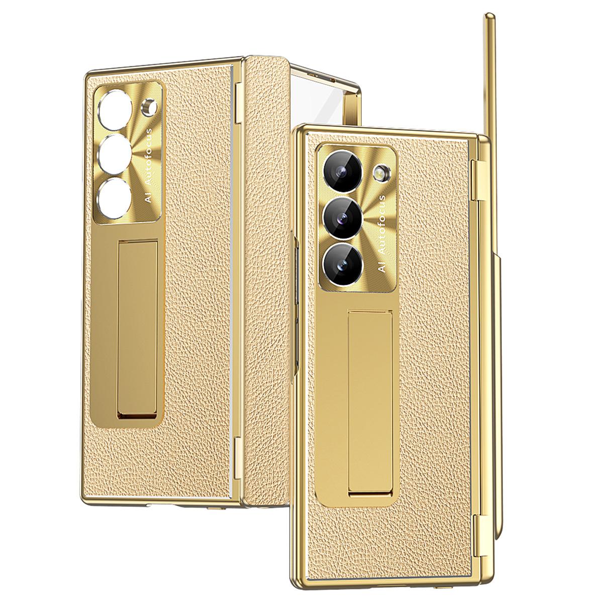 

For Samsung Galaxy Z Fold6 5G Case Hinge Protection PU+PC Phone Cover with Stylus Gold