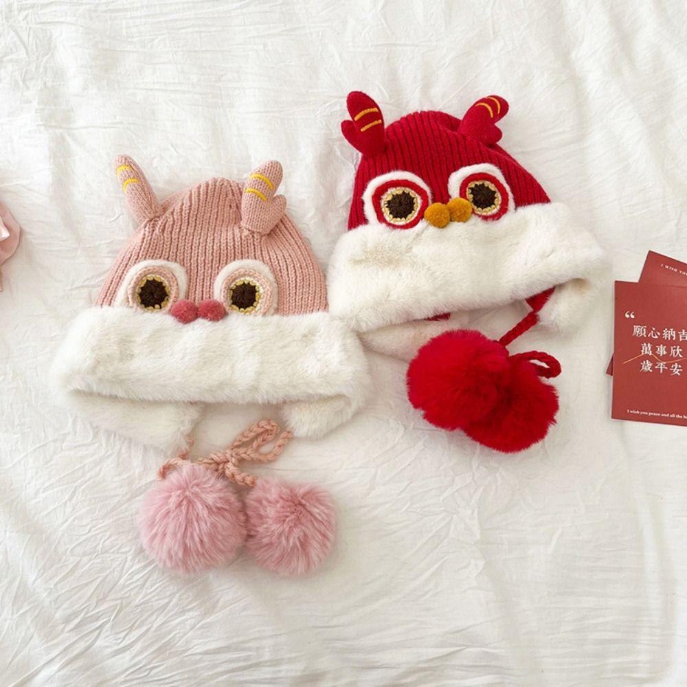 Chinese Style Children Fleece Hat Hairball Kids Beanie Cap Warm New Year Lion Cap  Ear Protector