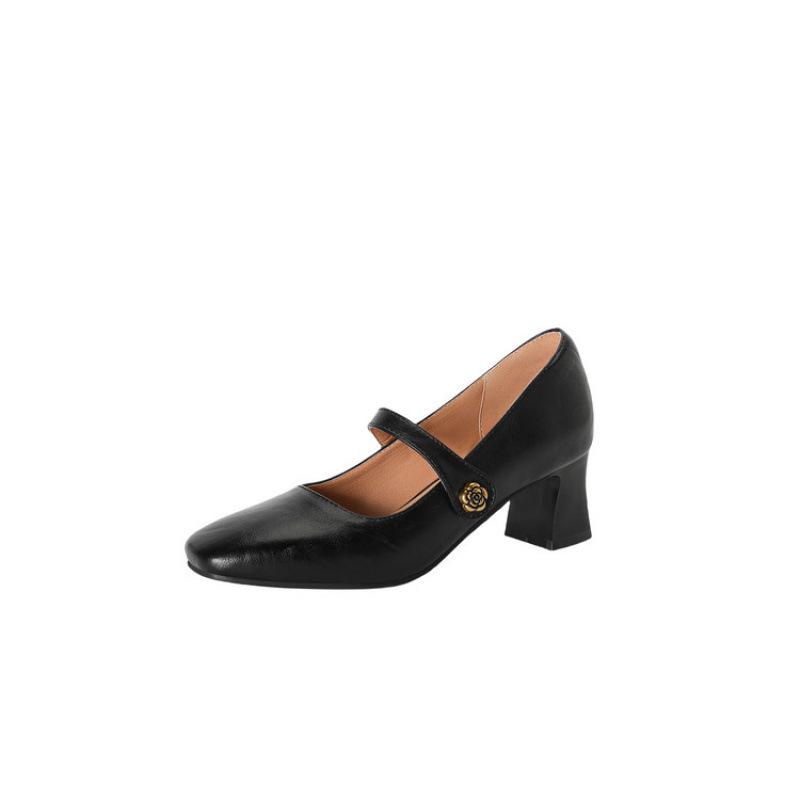 Neue Damen-Einzelschuhe lässige Damen-Lederschuhe schwarz hohe Absätze leichter Ausschnitt eckige Spitze Gummisohle Blockabsatz Vier-Jahreszeiten-Damenschuhe