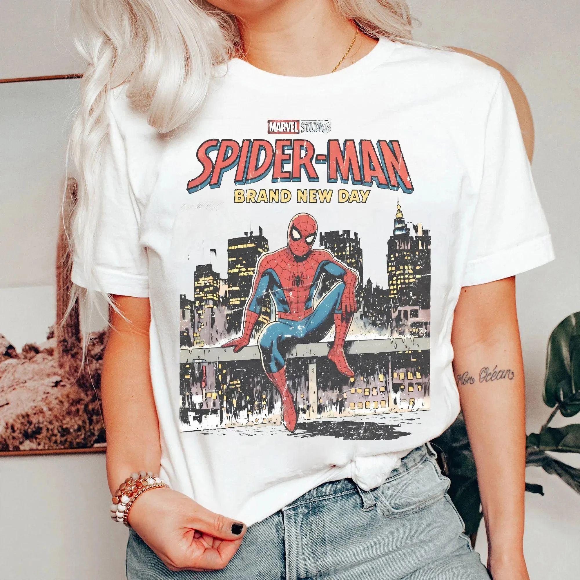 2026 New Movie Spider-Man Brand New Day Tom Holland Retro Print T Shirt Men Women Y2K Harajuku Loose Casual Tee Street Fashion L
