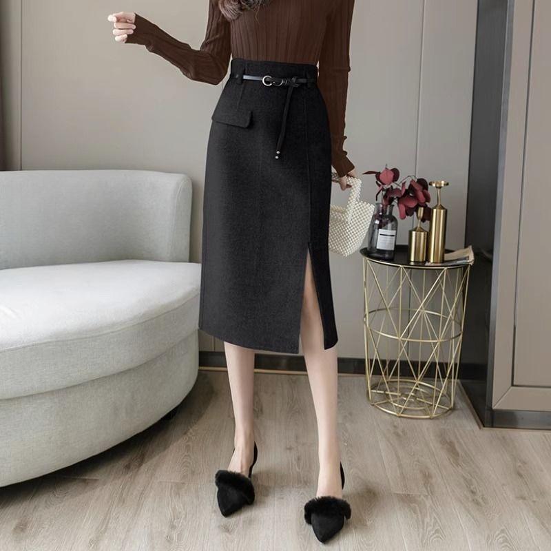 Autumn Wool Skirt High Waist Pencil Midi Skirts Women Elegant Office Outfit