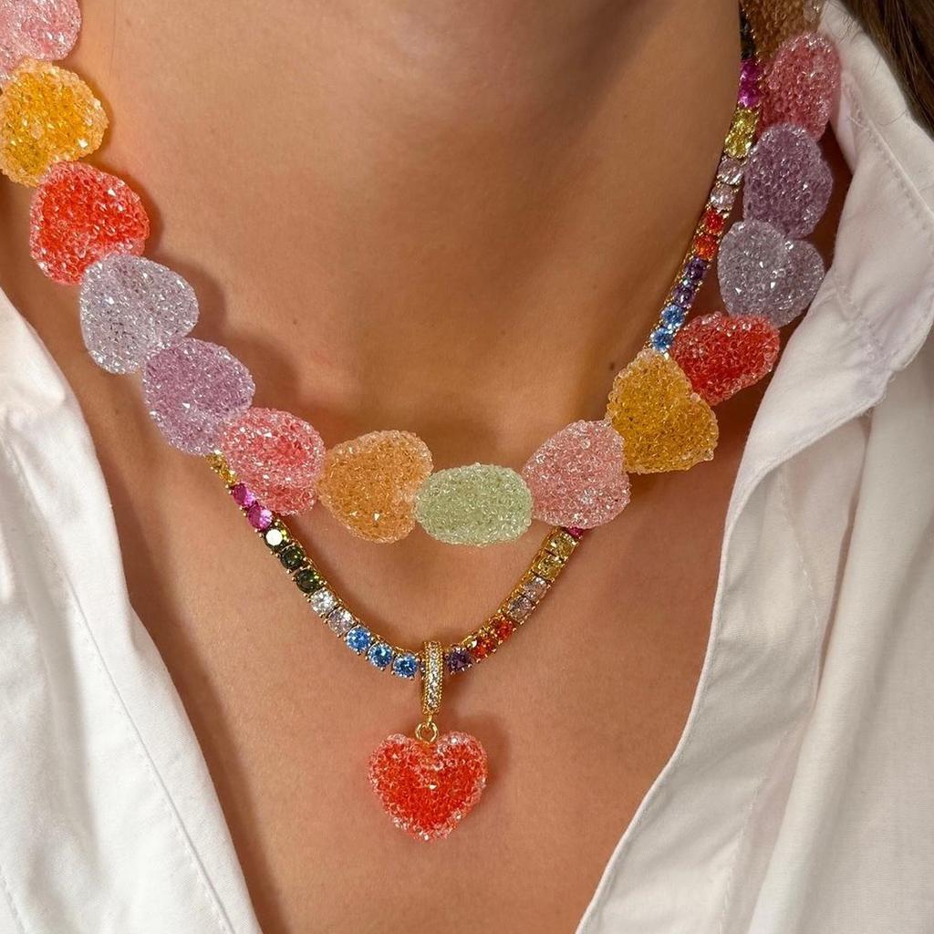 Cute Heart Shaped Resin Pendant Necklace Vibrant Colors Lightweight Comfort Adjustable Chain Accessory For Daily Wear
