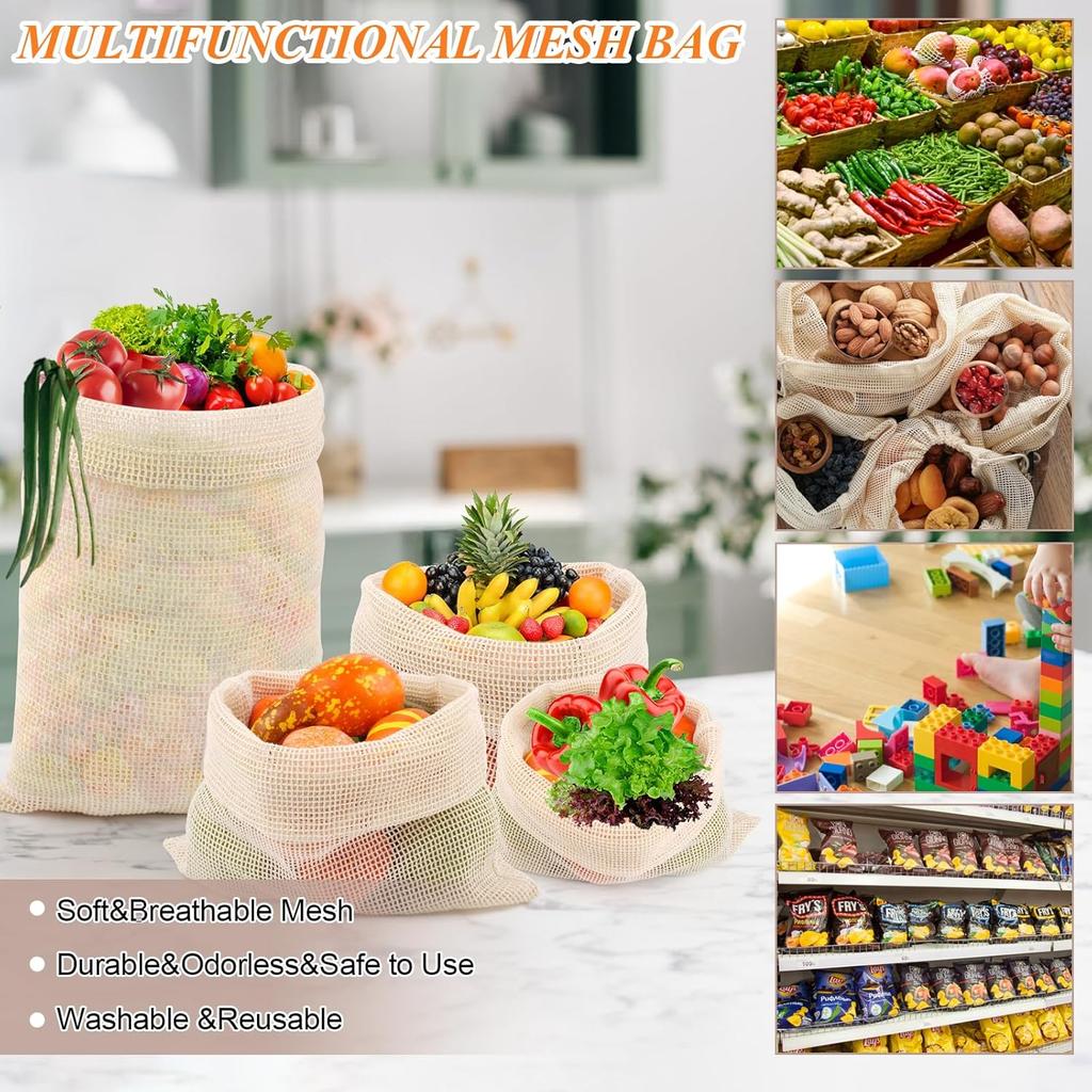 PEASUG 8 Pack Reble Produce Bags Grocery Washable, Cotton Mesh Vegetable Bags for Refrigerator Grocery Fruits and Veggies Shopping, Transporting
