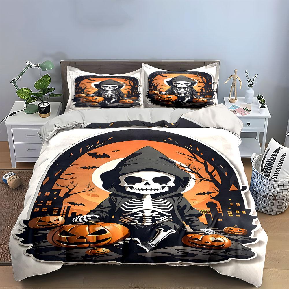Halloween Skeleton Pumpkin Scene Bedding Duvet Cover Set Duvet Cover Pillowcases (1*Duvet Cover 2*Pillowcases, without duvet insert)