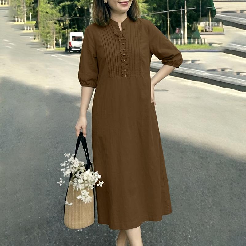 ZANZEA Women Casual V-Neck Six Quarter Sleeve Loose Midi Dress