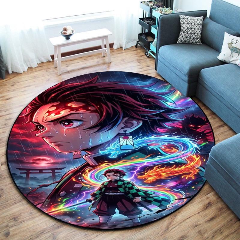 Classic Japanese-style Cartoon Demon Slayer Round Rug, Home Soft Decorative Anti-slip Yoga Mat and Chair Mat, Outdoor Floor Mat Carpet K27