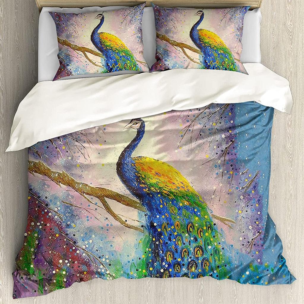 Comforter Peacock Rainbow Feather Bedding Set For Bedroom Decor Hippie Tie Dye Comforter Double Queen Size