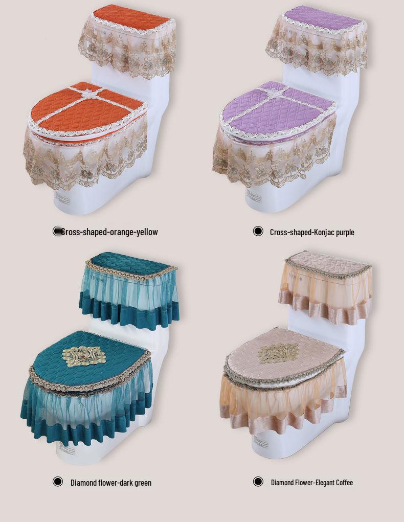 Universal European Style Double-Sided Toilet Seat Cover Set with Zippered Lace Fabric - All Seasons, Three-Piece Set.