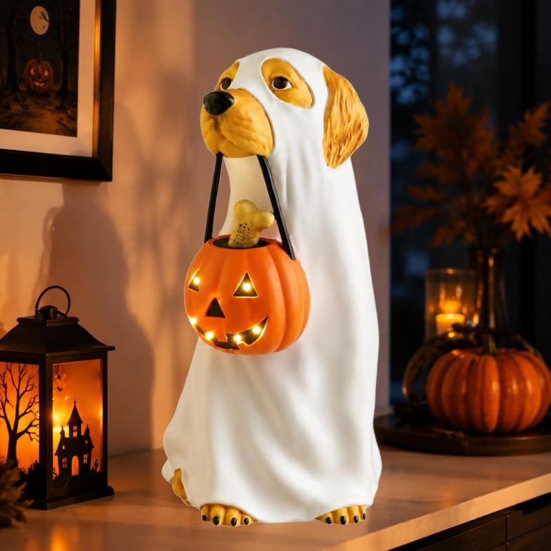 Halloween Resin Dog Statue with Illuminated Bucket and Bone Detail for Window, Entryway, Party Tables, and Indoor Party Centerpiecs