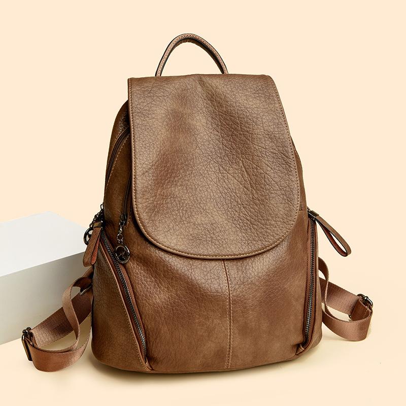 Ladies' Soft Leather Double Shoulder Bag, Fashionable Backpack, Large Capacity, Casual Travel Bag