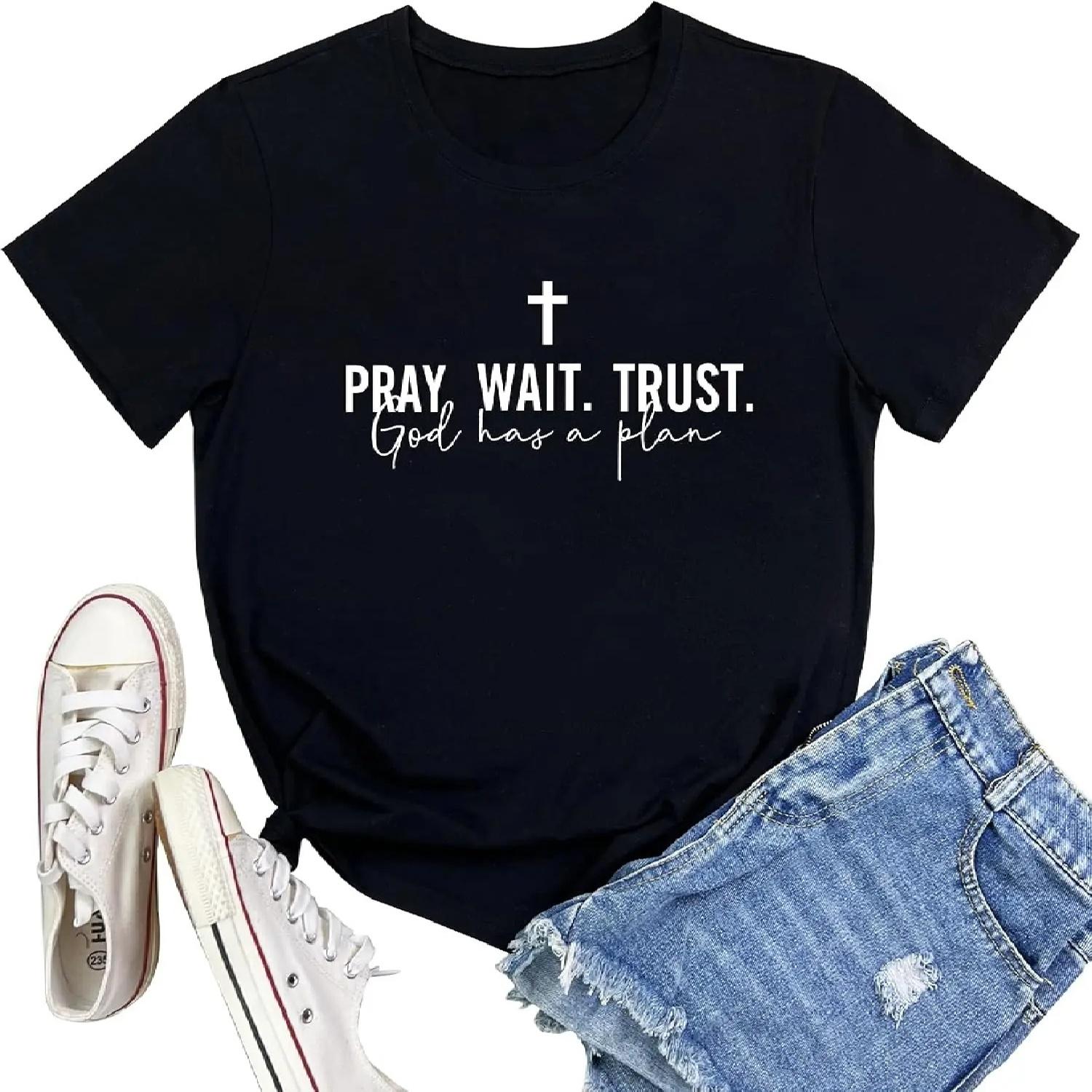 LOOKFACE Women Pray Wait Trust Soft Tees Cute Graphic T Shirts S