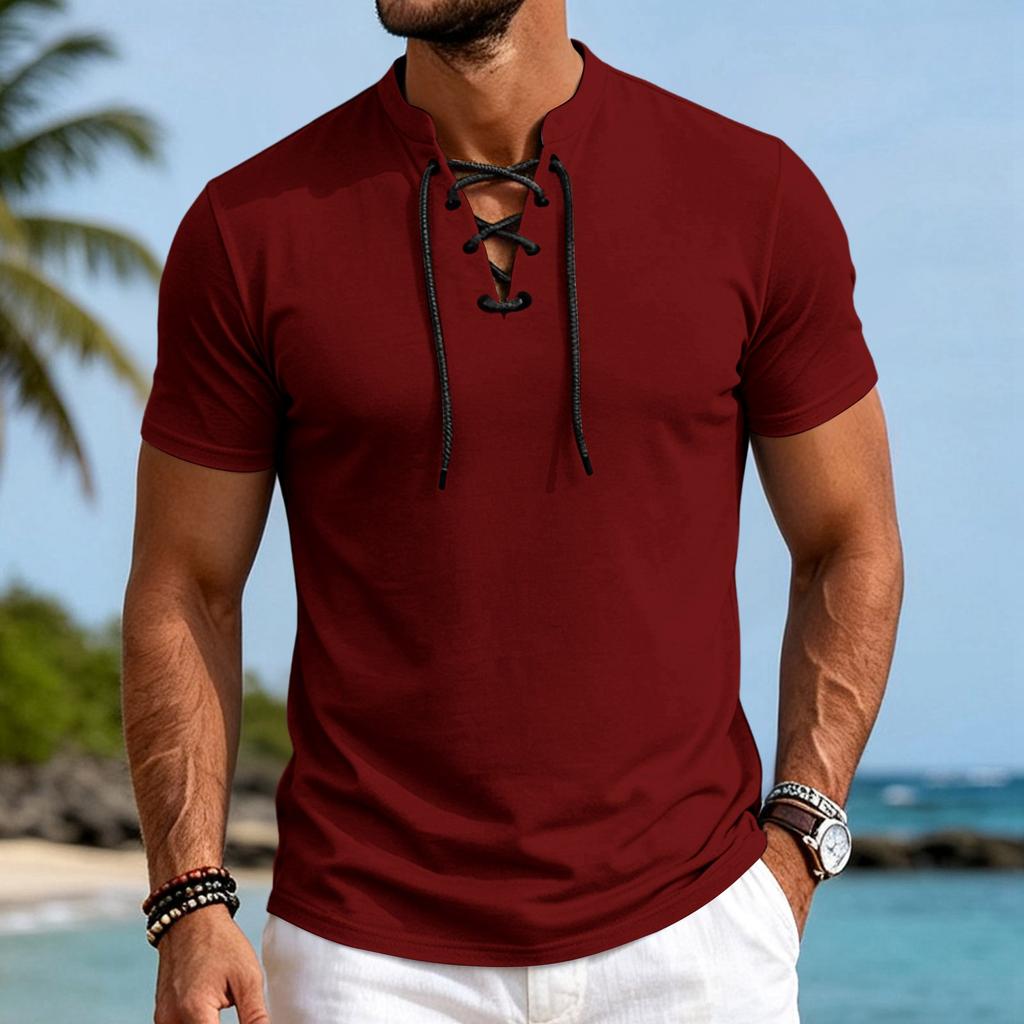 Camiseta Retro de Manga Corta para Hombre con Cordones en la Parte Delantera
