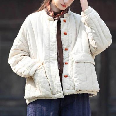 Women Vintage Linen Parkas Stand Long Sleeve Button Plus Cotton Warm Coat Winter Solid Color Chinese Style Parkas