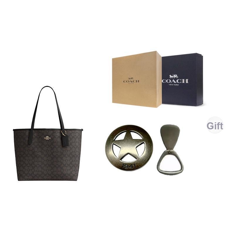 Coach City 33 Logo Plakette Magnetverschluss Tragetasche Damen-Tote Schwarz Braun CV976-IMXAQ