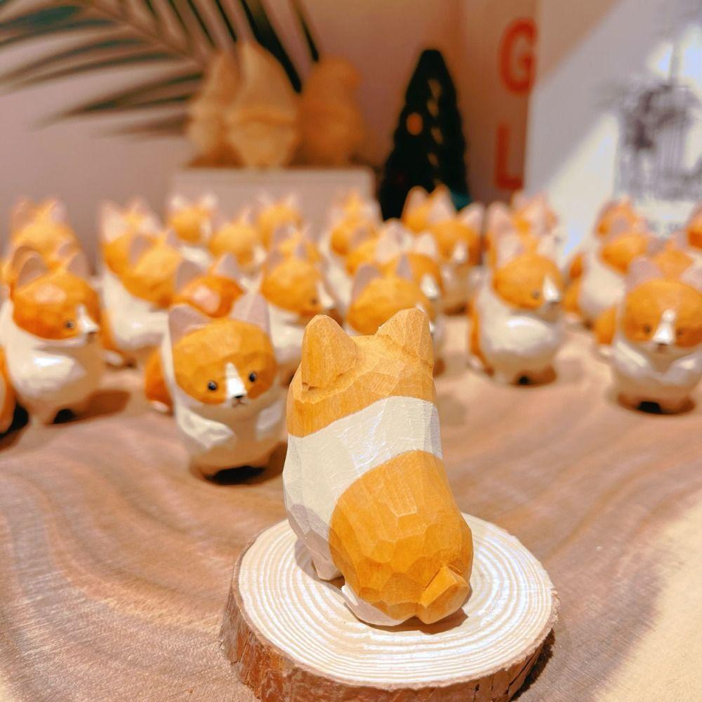 Home Desktop Decorations Handmade Wood Carving Dog Ornament Wooden Cute Handicrafts Puppy Sculpture Decoration Crafts